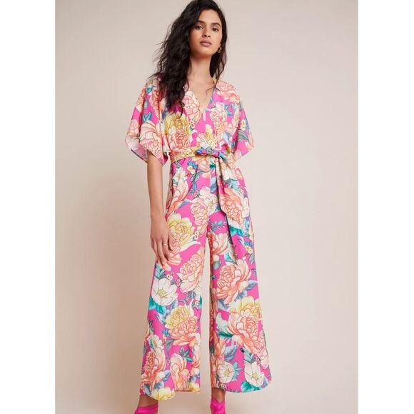 FARM Rio Pants - Farm Rio Anthropologie Eulalie Wide-Leg Jumpsuit size XS pink floral spring